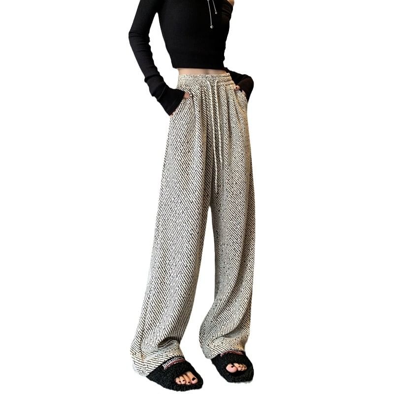 Drawstring Waist Patterned Fleece-Lined Wide Leg Pants SpreePicky