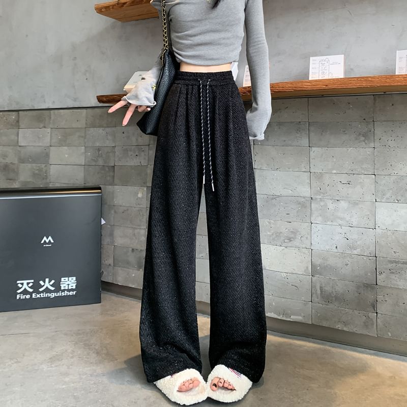 Drawstring Waist Patterned Fleece-Lined Wide Leg Pants SpreePicky