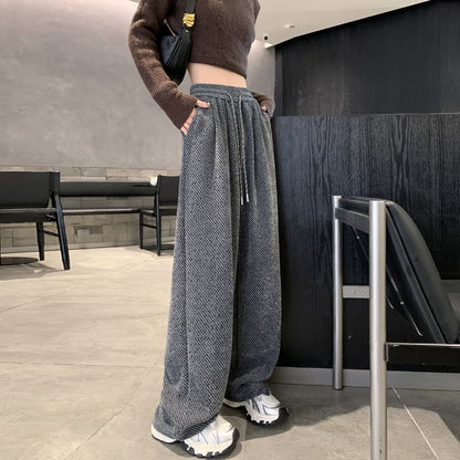 Drawstring Waist Patterned Fleece-Lined Wide Leg Pants SpreePicky