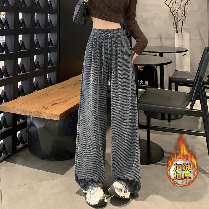 Drawstring Waist Patterned Fleece-Lined Wide Leg Pants SpreePicky