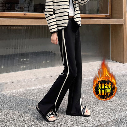 High Waist Striped Slit Fleece-Lined Flared Sweatpants SpreePicky