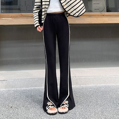 High Waist Striped Slit Fleece-Lined Flared Sweatpants SpreePicky