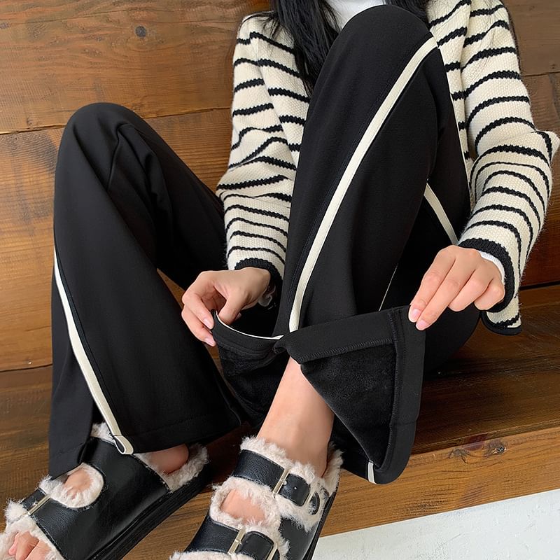 High Waist Striped Slit Fleece-Lined Flared Sweatpants SpreePicky