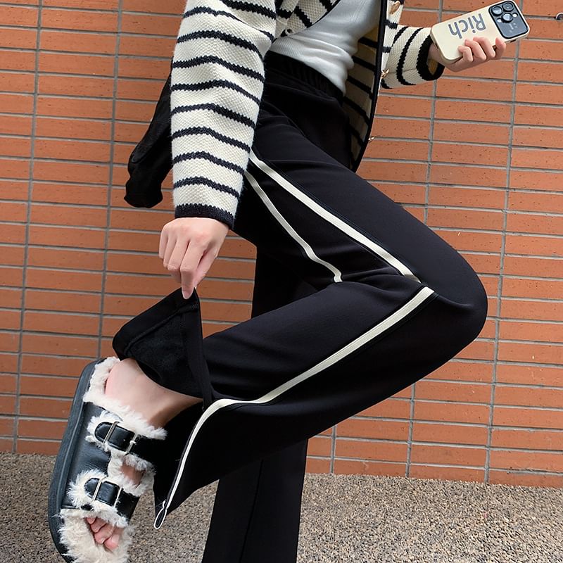 High Waist Striped Slit Fleece-Lined Flared Sweatpants SpreePicky