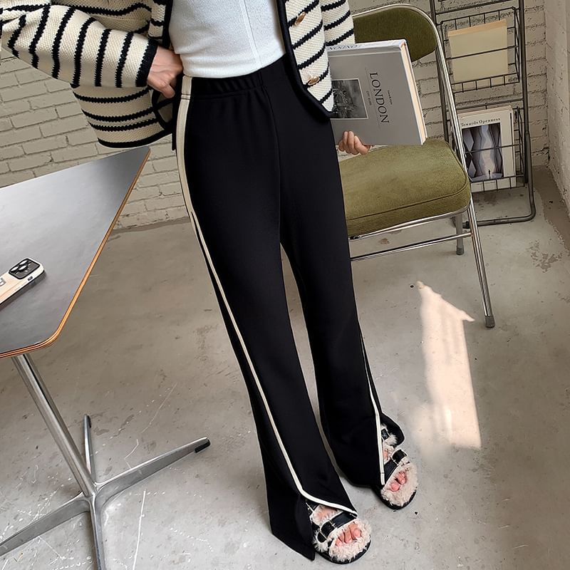 High Waist Striped Slit Fleece-Lined Flared Sweatpants SpreePicky