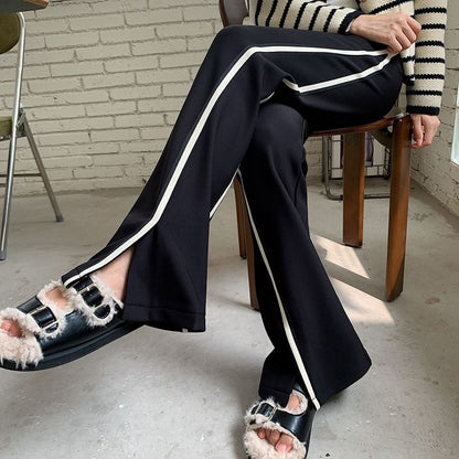 High Waist Striped Slit Fleece-Lined Flared Sweatpants SpreePicky