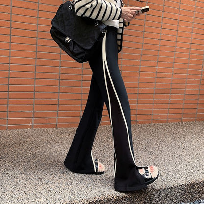 High Waist Striped Slit Fleece-Lined Flared Sweatpants SpreePicky