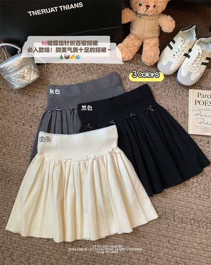 High Rise Plain Bow Accent Pleated Knit Mini A-Line Skirt SpreePicky