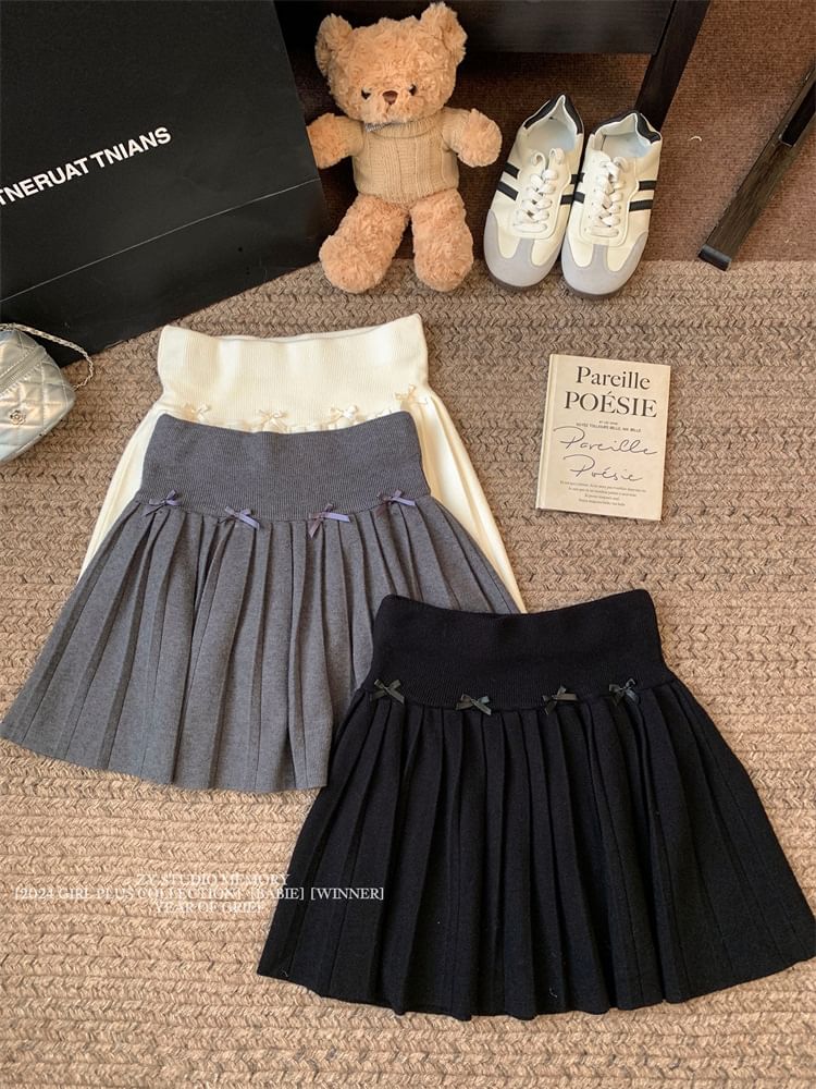 High Rise Plain Bow Accent Pleated Knit Mini A-Line Skirt SpreePicky