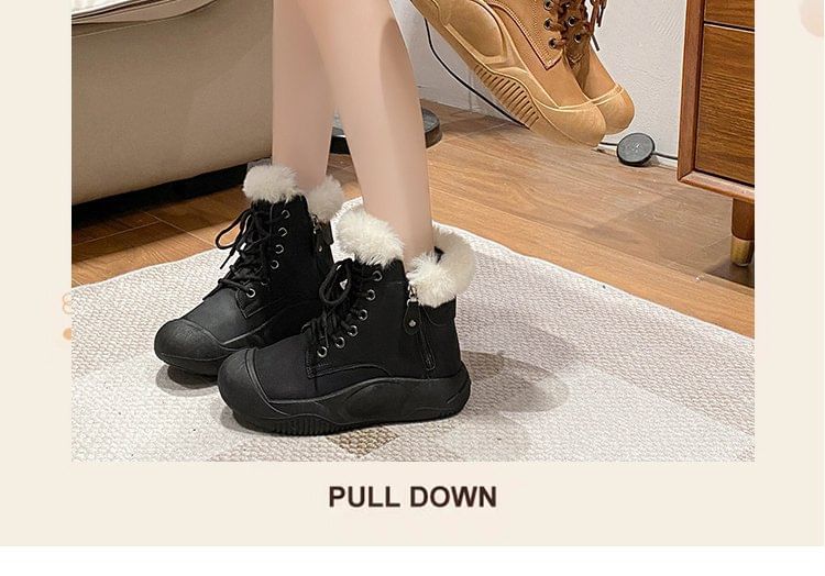 Fluffy Trim Plain Lace-Up Short Boots SpreePicky