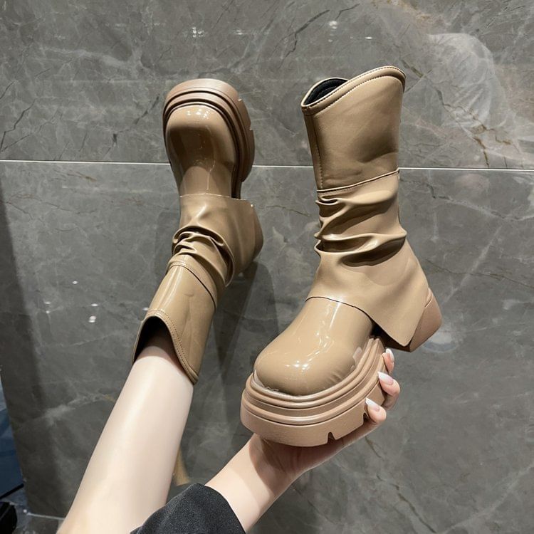 Platform Plain Ruched Short Boots SpreePicky