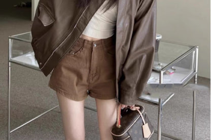 Lapel Collar Plain Faux Leather Oversized Jacket SpreePicky