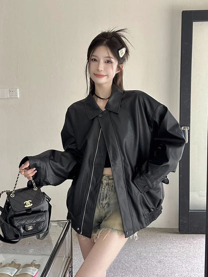 Lapel Collar Plain Faux Leather Oversized Jacket SpreePicky