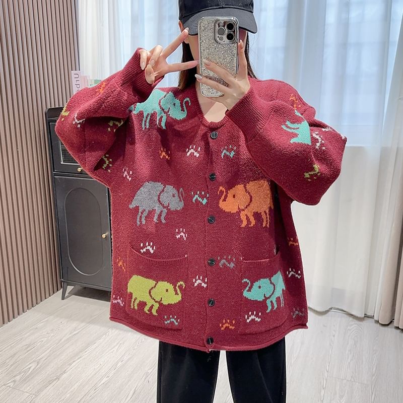 Round Neck Elephant Jacquard Cardigan SpreePicky