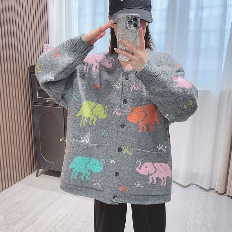 Round Neck Elephant Jacquard Cardigan SpreePicky