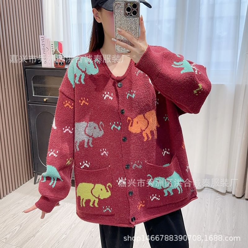 Round Neck Elephant Jacquard Cardigan SpreePicky