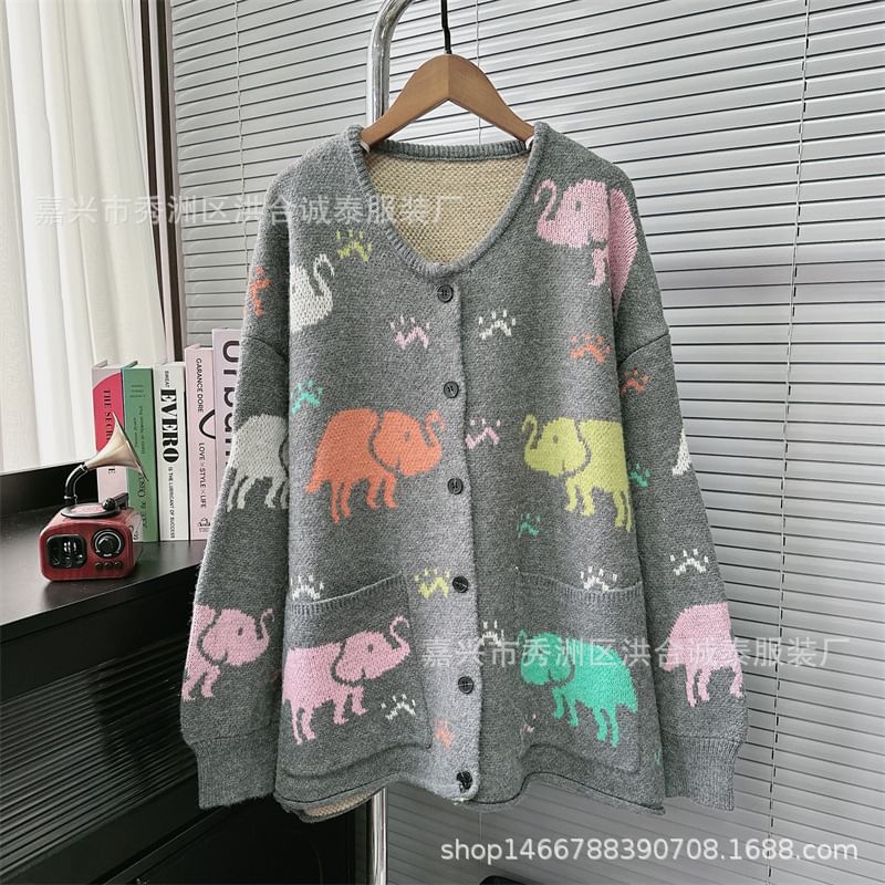 Round Neck Elephant Jacquard Cardigan SpreePicky