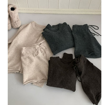 Set: Round Neck Plain Sweater + Drawstring Waist Knit Shorts SpreePicky