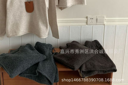 Set: Round Neck Plain Sweater + Drawstring Waist Knit Shorts SpreePicky