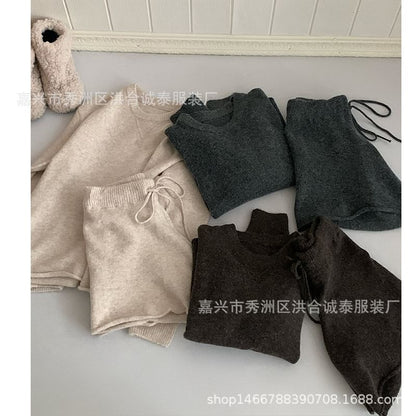 Set: Round Neck Plain Sweater + Drawstring Waist Knit Shorts SpreePicky