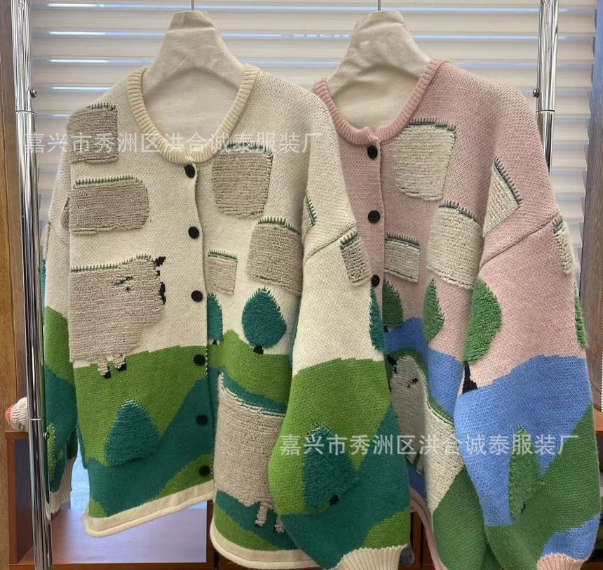 Round Neck Sheep Jacquard Cardigan mySite