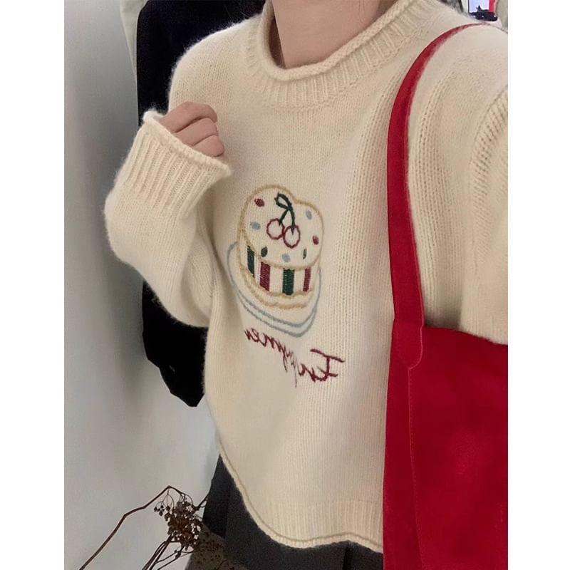 Crew Neck Lettering Embroidered Sweater SpreePicky