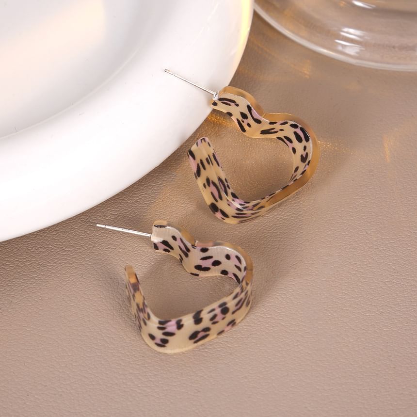 Leopard Print Heart Acrylic Open Hoop Earring SpreePicky