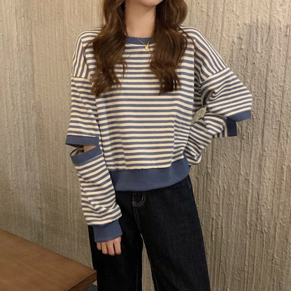 Crewneck Striped Cutout Pullover SpreePicky