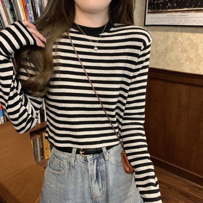 Long-Sleeve Crewneck Striped Tee SpreePicky