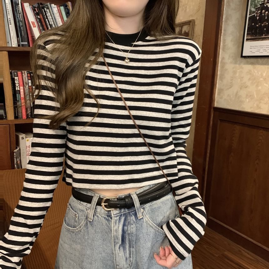 Long-Sleeve Crewneck Striped Tee SpreePicky