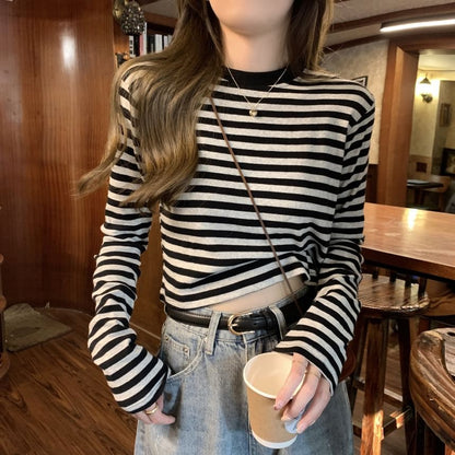 Long-Sleeve Crewneck Striped Tee SpreePicky