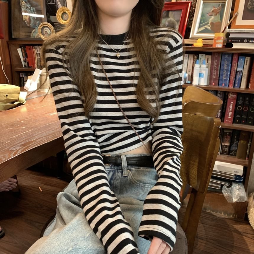 Long-Sleeve Crewneck Striped Tee SpreePicky