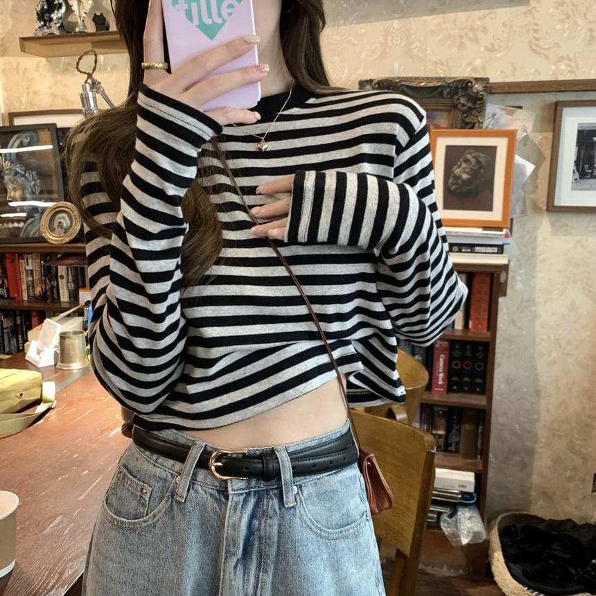 Long-Sleeve Crewneck Striped Tee SpreePicky