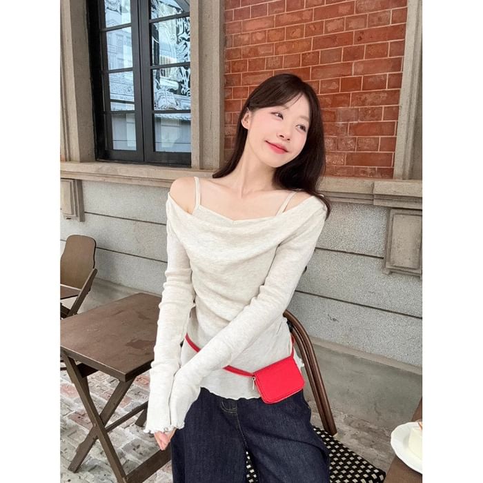 Mock Two-Piece Long-Sleeve Cold Shoulder Plain Knit Top SpreePicky