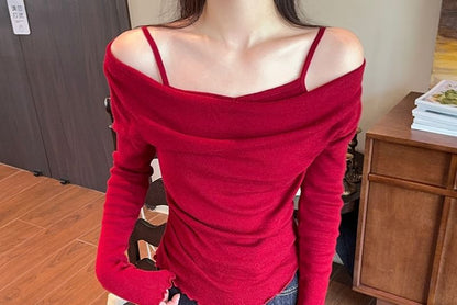 Mock Two-Piece Long-Sleeve Cold Shoulder Plain Knit Top SpreePicky