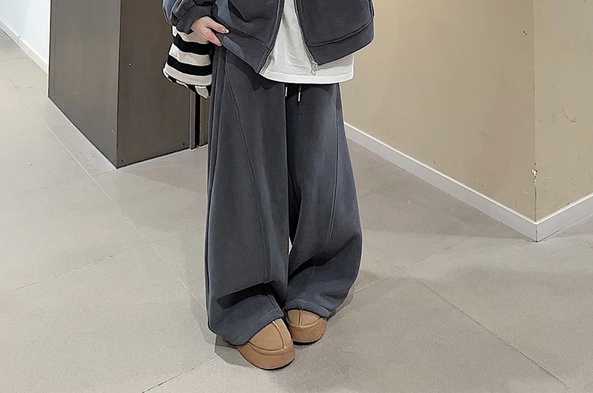 Plain Fleece-Lined Zip Hoodie / Drawstring Waist Wide Leg Sweatpants SpreePicky