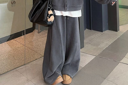 Plain Fleece-Lined Zip Hoodie / Drawstring Waist Wide Leg Sweatpants SpreePicky