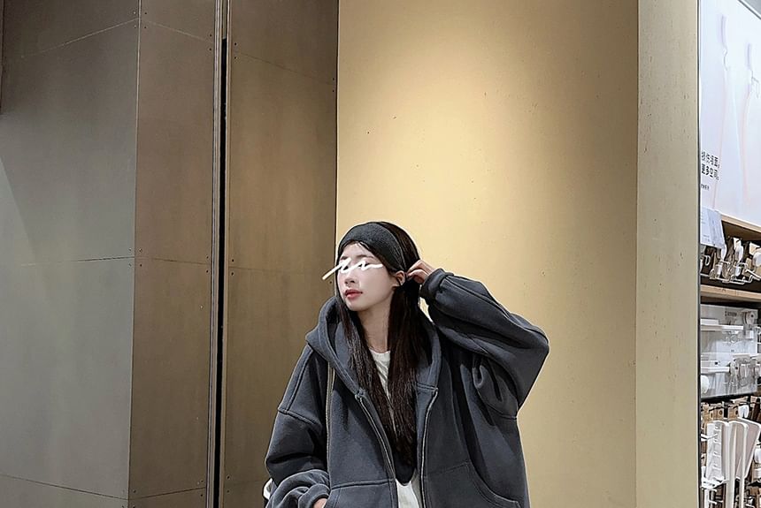 Plain Fleece-Lined Zip Hoodie / Drawstring Waist Wide Leg Sweatpants SpreePicky