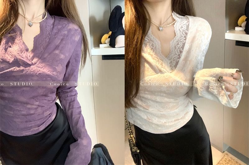 Long Sleeve V-Neck Plain Panel Lace Top SpreePicky