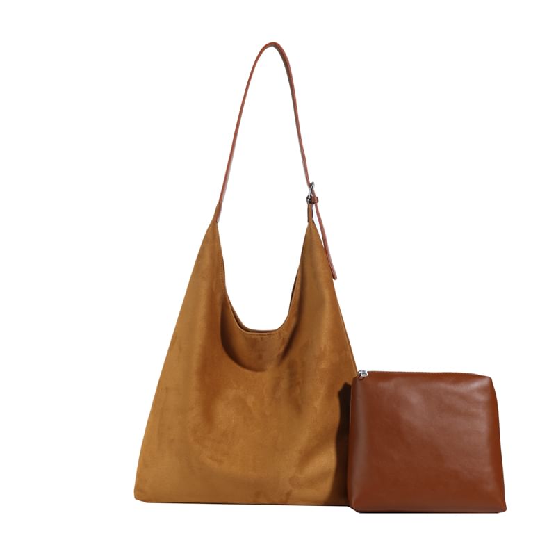 Set: Faux Suede Tote Bag With Pouch SpreePicky