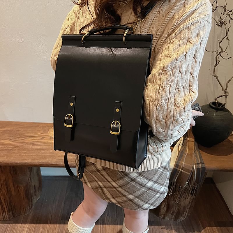 Flap Buckle Faux Leather Backpack SpreePicky