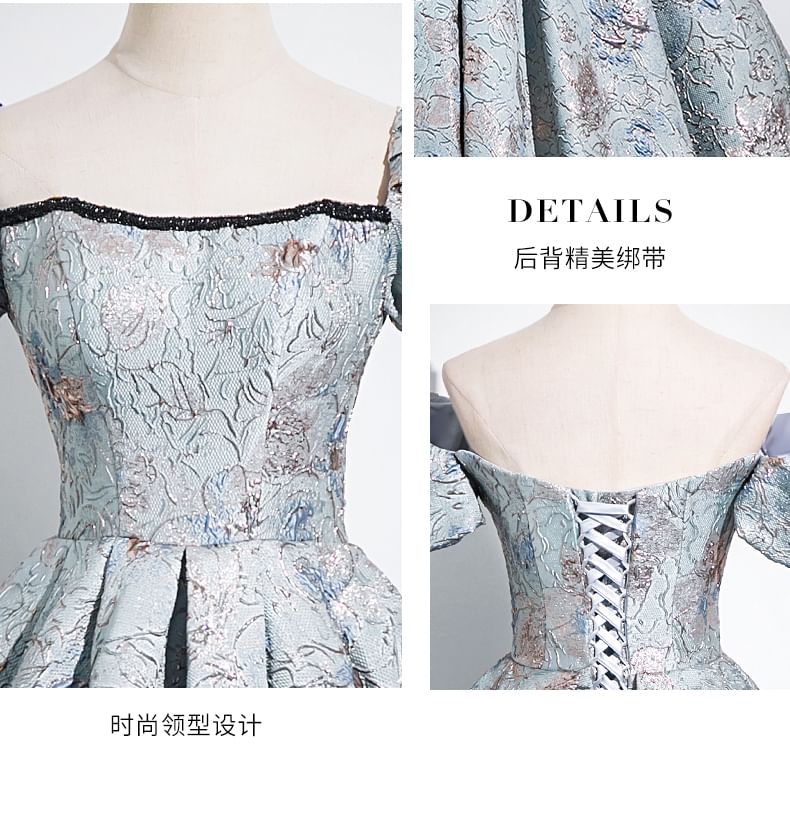 Puff Sleeve Square Neck Pleated Jacquard A-Line Evening Gown SpreePicky