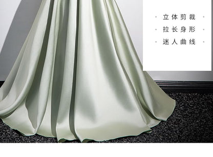 Sleeveless Off Shoulder Plain Pleated Ruched Satin A-Line Evening Gown SpreePicky