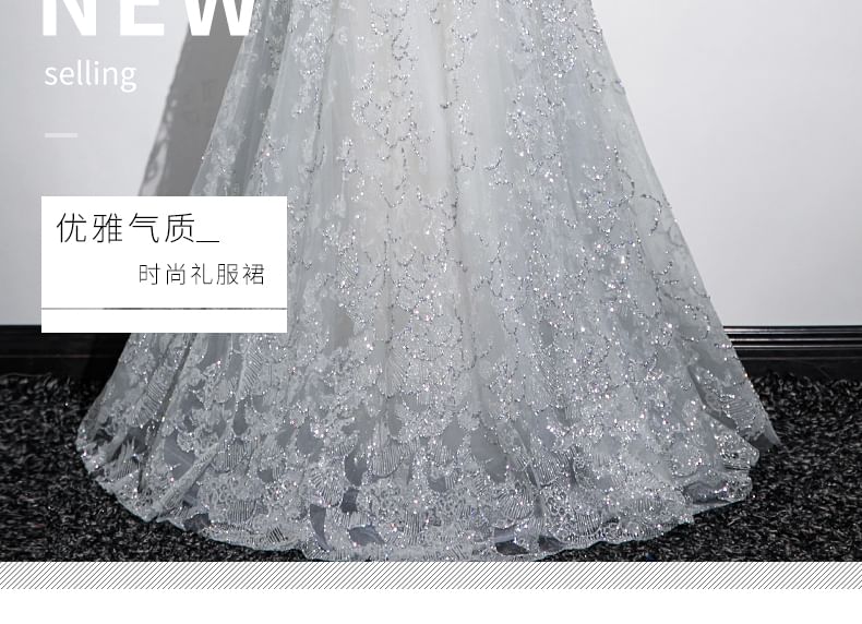 Sleeveless Mandarin Collar Butterfly Patterned Panel Mesh A-Line Evening Gown SpreePicky