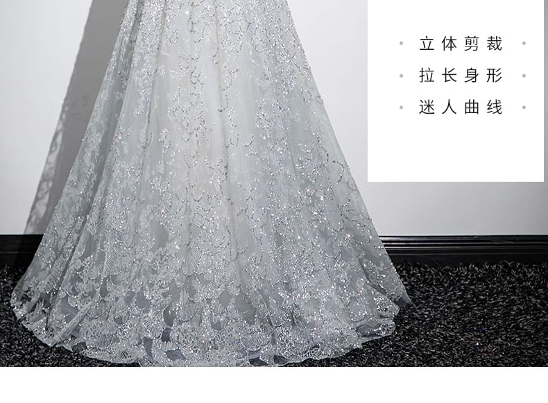 Sleeveless Mandarin Collar Butterfly Patterned Panel Mesh A-Line Evening Gown SpreePicky