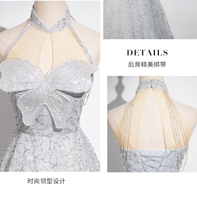 Sleeveless Mandarin Collar Butterfly Patterned Panel Mesh A-Line Evening Gown SpreePicky