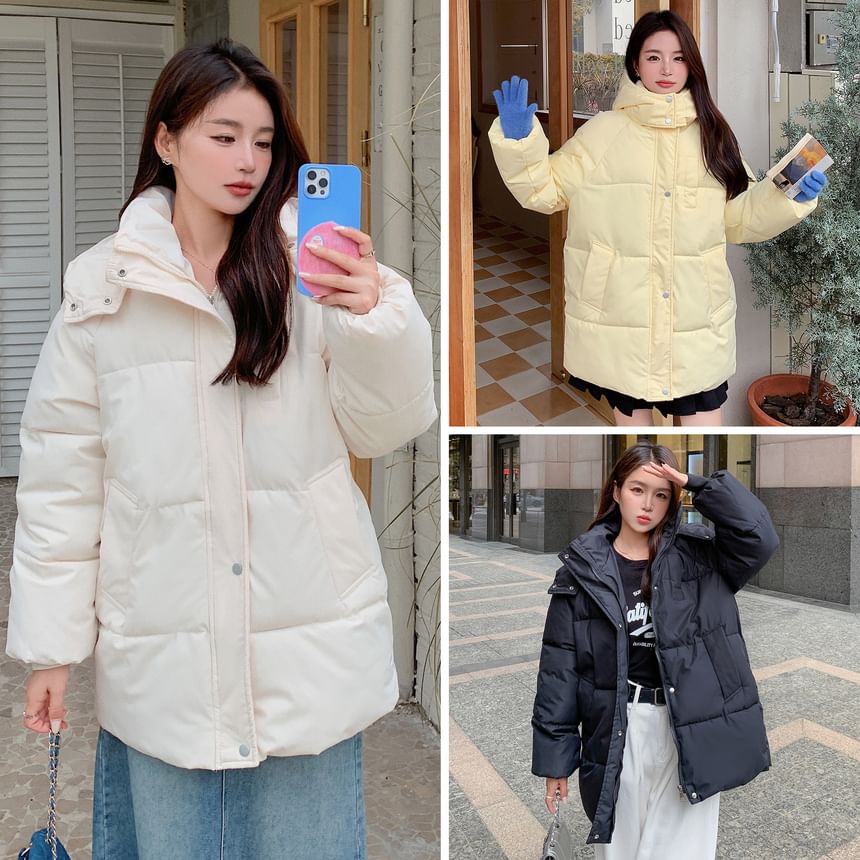 Hooded Button-Up Puffer Jacket SpreePicky