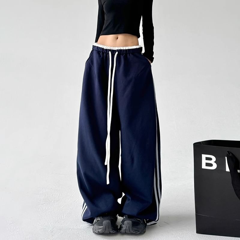 Low Waist Ruffled-Trim Striped Loose-Fit Wide-Leg Sweatpants SpreePicky