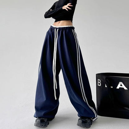 Low Waist Ruffled-Trim Striped Loose-Fit Wide-Leg Sweatpants SpreePicky