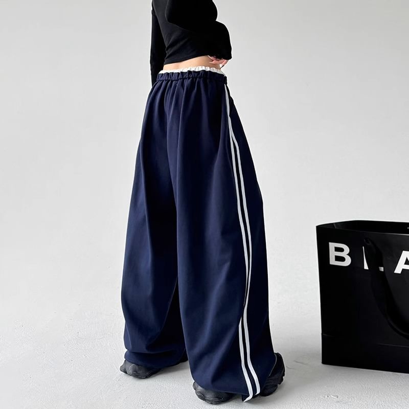 Low Waist Ruffled-Trim Striped Loose-Fit Wide-Leg Sweatpants SpreePicky